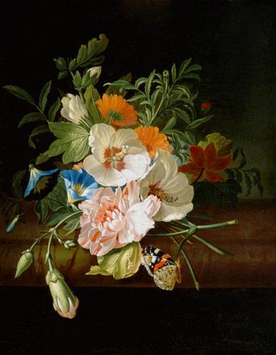 Maalaus: Rachel Ruysch  (1664–1750): Blumenstilleben mit Schmetterlingen auf einer Steinbank (n.1700)